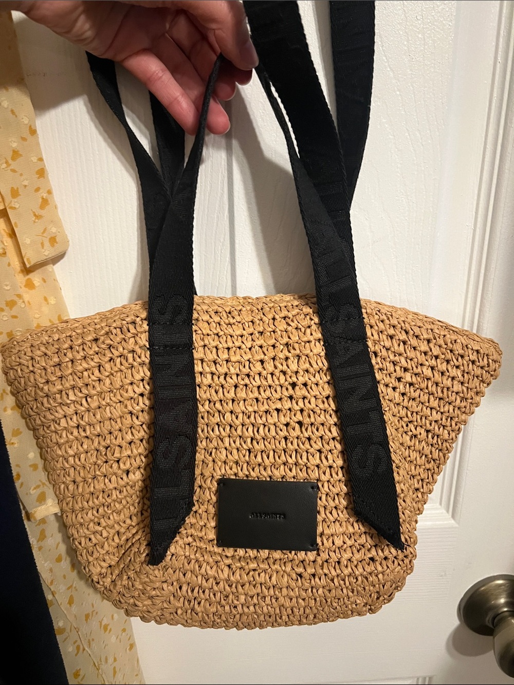 Allsaints Celayne Woven Straw Mini Tote Bag with Black Straps like new!